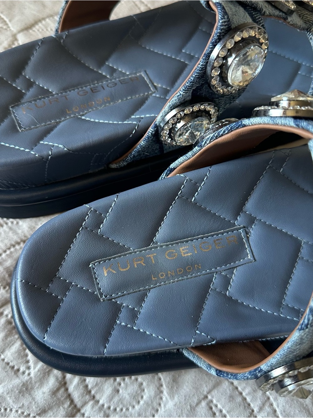 Kurt Geiger London Orson Crystal Denim Slide Sandals - Blue - Picture 3 of 7